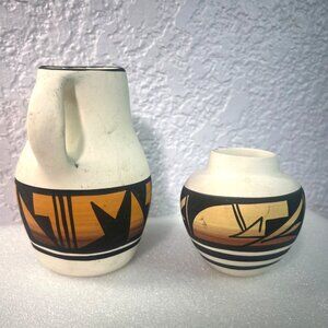 Handcrafted Signed Southwest Native American-Style Pottery Vase & Pitcher Set